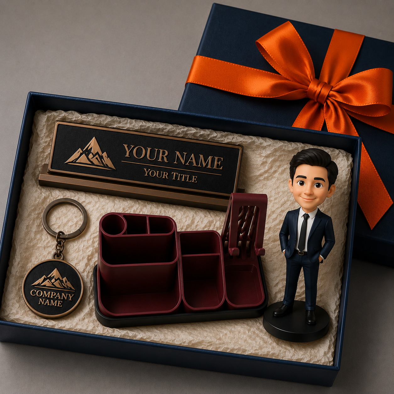 Gold package: custom figure, keychain, pen holder, and nameplate in a gift box