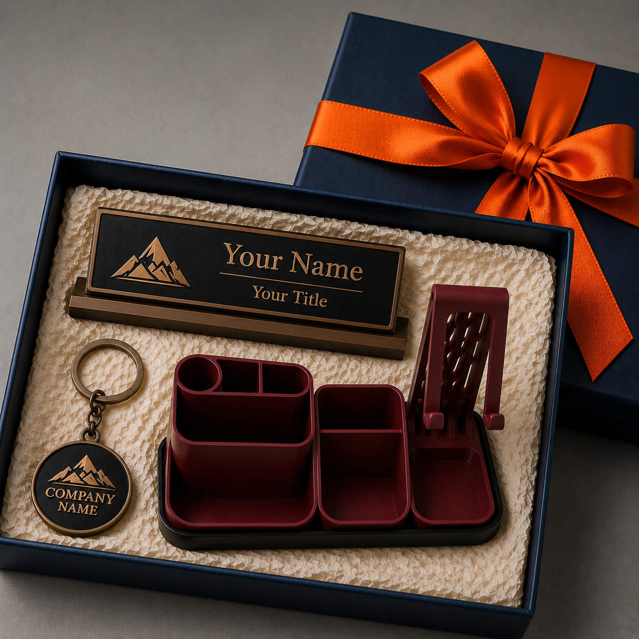 Silver package: keychain, pen holder, and nameplate in a gift box